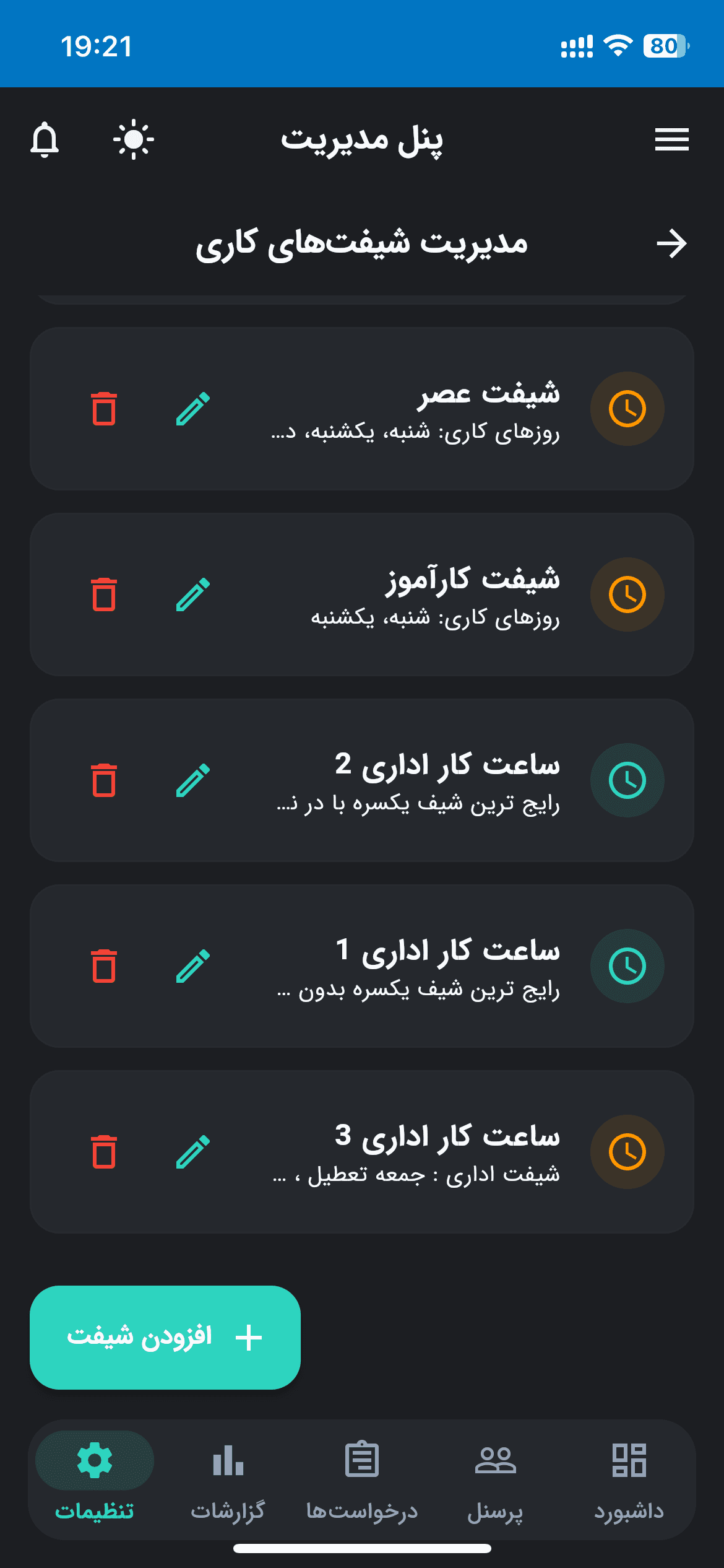 مدیریت شیفتهای کاری صفحه مدیریت و برنامهریزی شیفتهای کاری پرسنل در سیستم اتوماسیون آوانا.